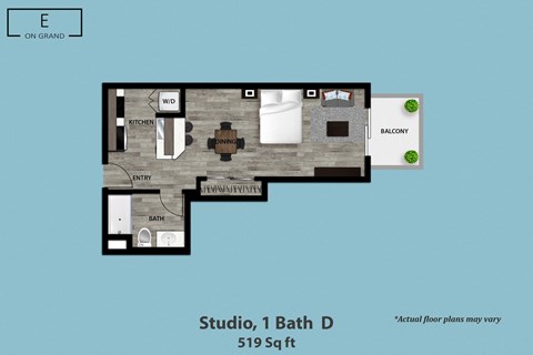 Floor plan for studio, 1 bath, 519 sqft